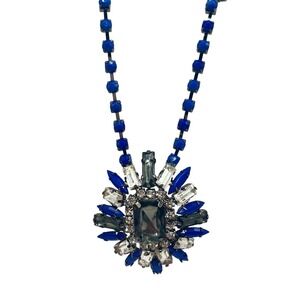 T+J Designs Cobalt Blue Flower Brooch Statement 18" Necklace Silver Tone *NEW*